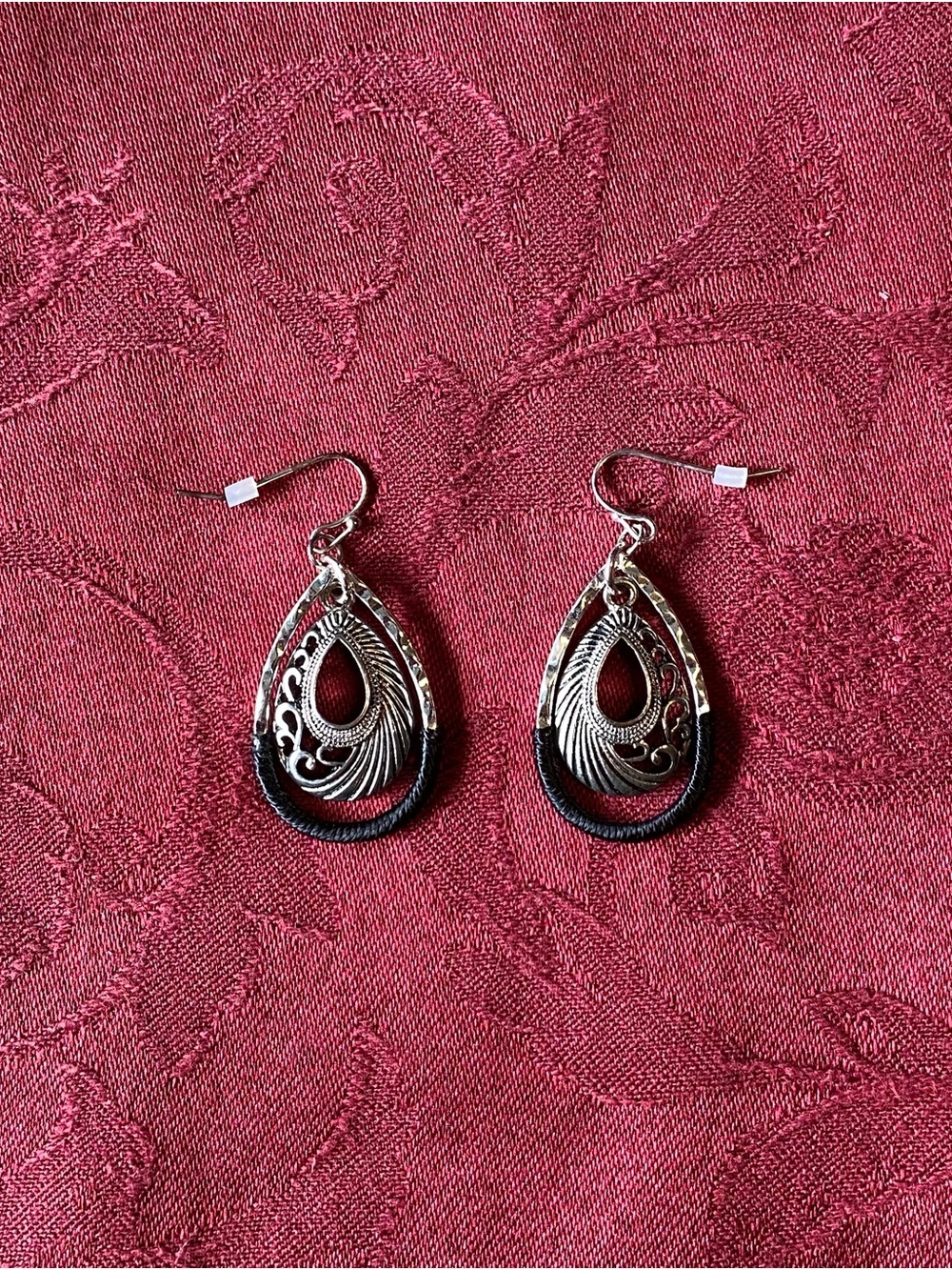 Silver Teardrop Filigree Earrings with Black Accent - Women's Jewelry - NWT